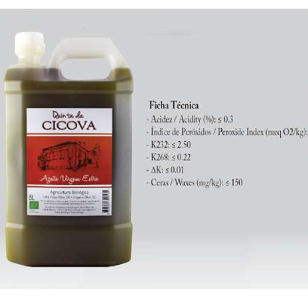 Azeite Virgem Extra Qt Cicova Bio, 5 L. Acidez < 0.3 Produto de Agricultura Biológica Certificada.