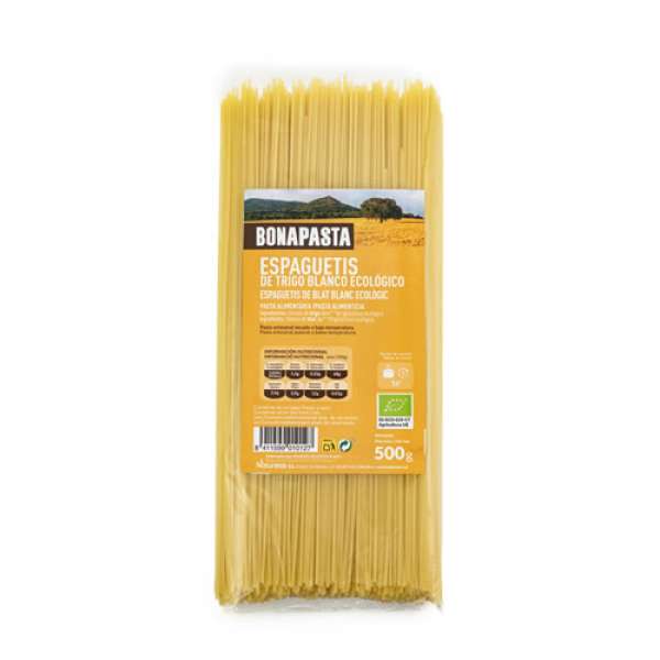 Espaguete branco em embalagem de 500 g. Produto Biológico Certificado. ALERGÉNICOS: Contem Gluten. INFORMAÇÂO NUTRICIONAL (por 100 g): Energia : 34